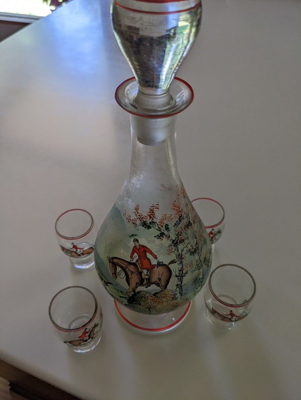 1930's Czechoslovakian Glass Decanter Set with Equestrian Scene and Red Trim.